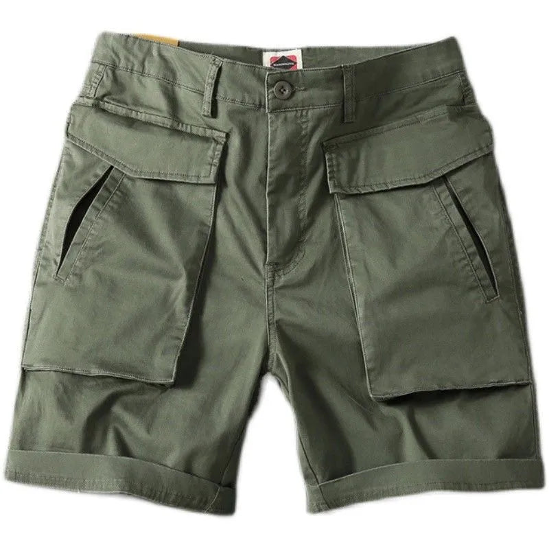 Men's straight-leg cargo shorts in Army Green made from micro-elastic cotton fabric with multiple pockets.
