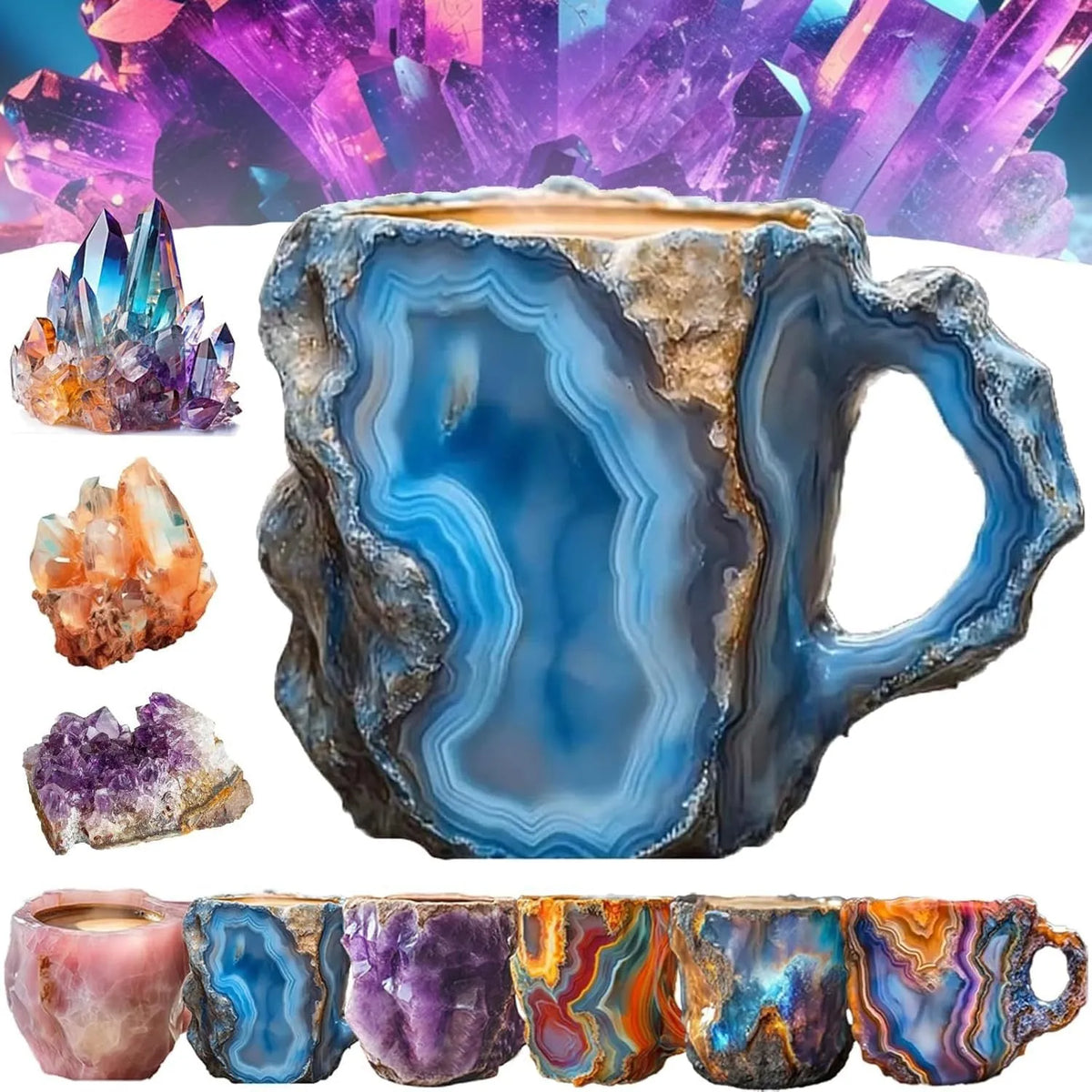 Clear resin coffee mug with crystal texture and handle in assorted colours