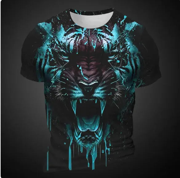 Men's short sleeve T-shirt with 3D tiger pattern digital print on thin polyester bird eye cloth