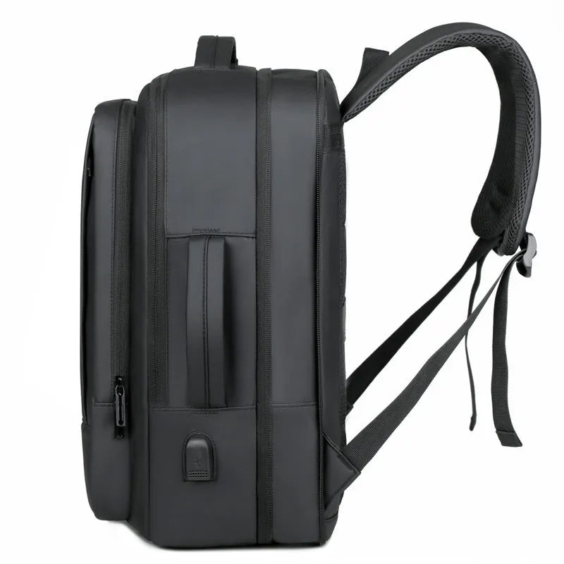 Men's black and grey waterproof Oxford cloth backpack with curved shoulder straps for business and outdoor travel