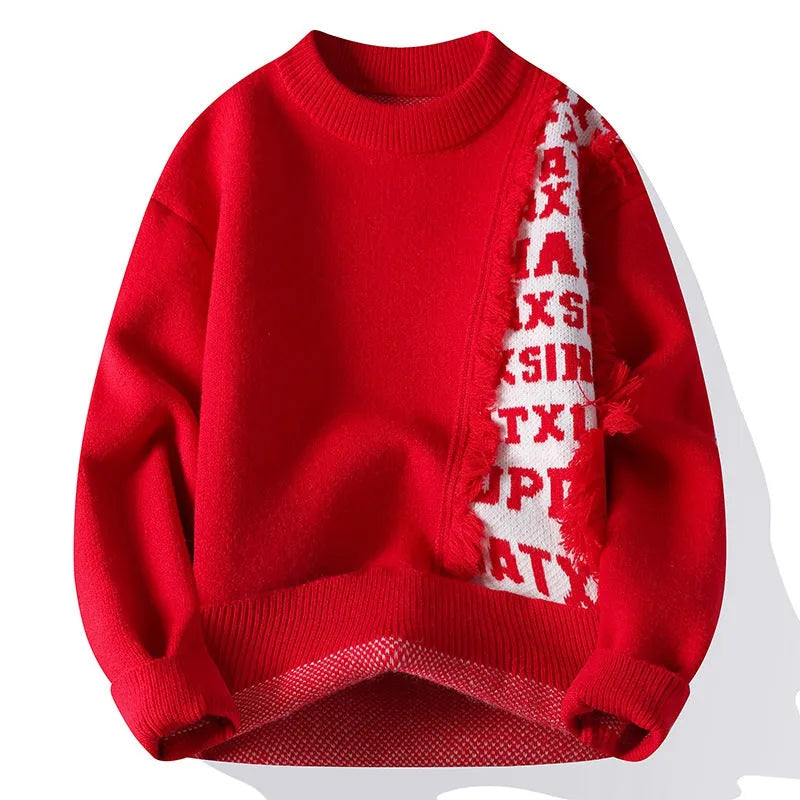Men's loose fit knitted pullover jumper with ribbed hem in rabbit fur polyester fibre
