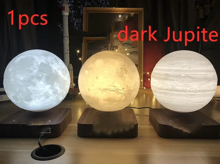 Magnetic levitation 3D moon night light, 14cm diameter, floating above a wooden base with touch switch.