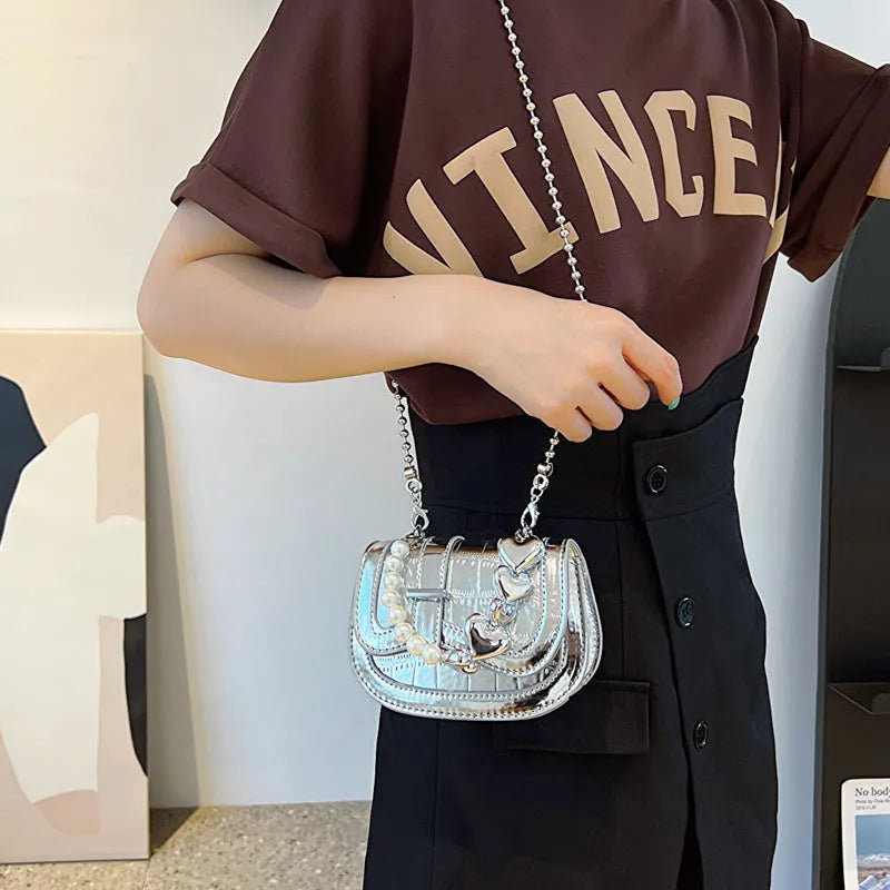 Women's silver PU mini tote saddle crossbody bag with single strap and phone compartment