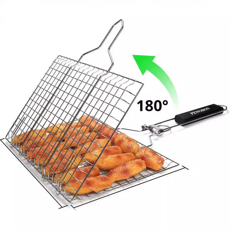 Stainless steel square barbecue mesh basket with folding design and cleaning brush