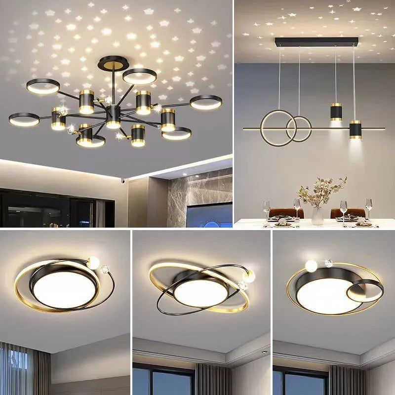 Black iron star-shaped ceiling chandelier with thirteen LED heads and a remote control.