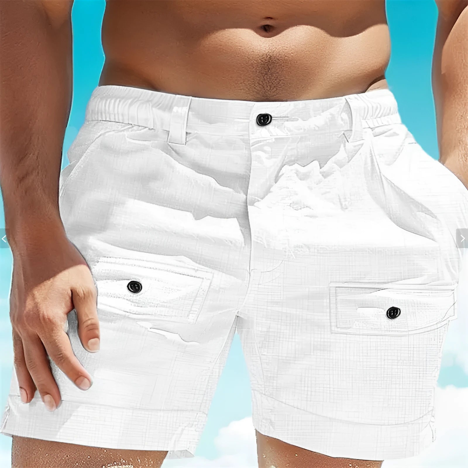 Men's straight leg linen shorts with elastic waistband and button pockets in white and khaki colours