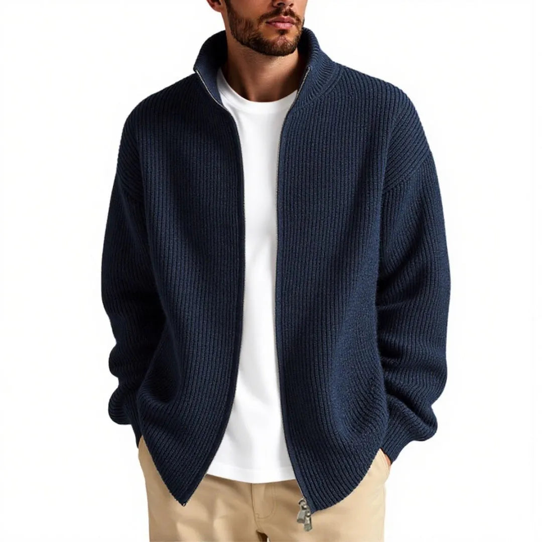 Men's loose grey cardigan sweater coat on a hanger
