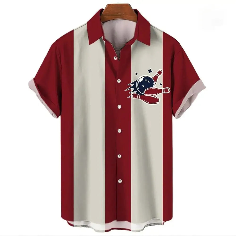 Men's striped Hawaiian short sleeve shirt with button front and elastic band construction