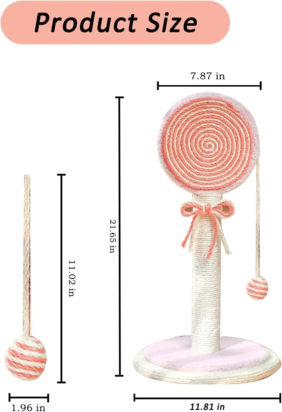 Blue cat scratching post with sisal rope and a hanging yellow ball on a sturdy square base