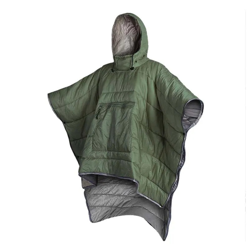 Army green outdoor cloak sleeping bag with wearable design shown in both cloak and sleeping bag configurations