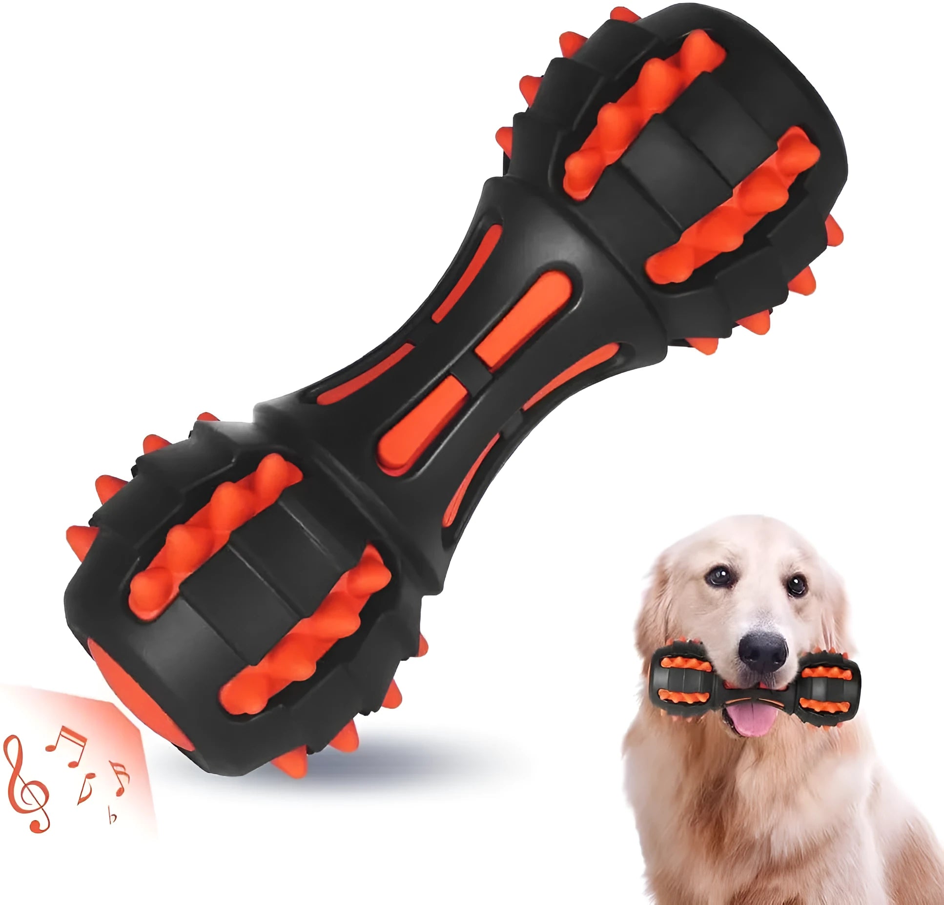 Red dumbbell-shaped dog chew toy for medium large breeds with natural rubber construction