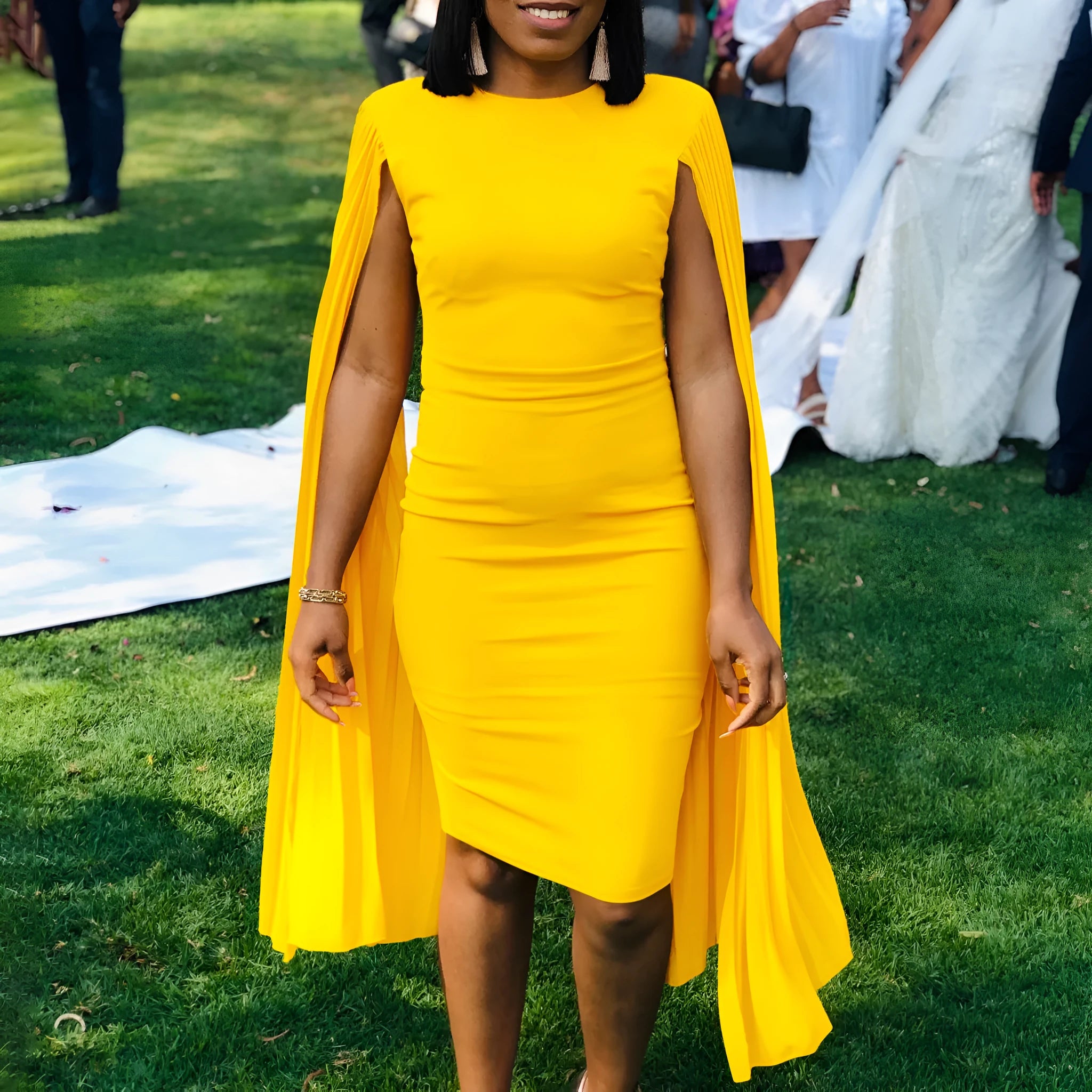 Long sleeve evening gown with pleated shawl collar and high waist in yellow, orange, red or green