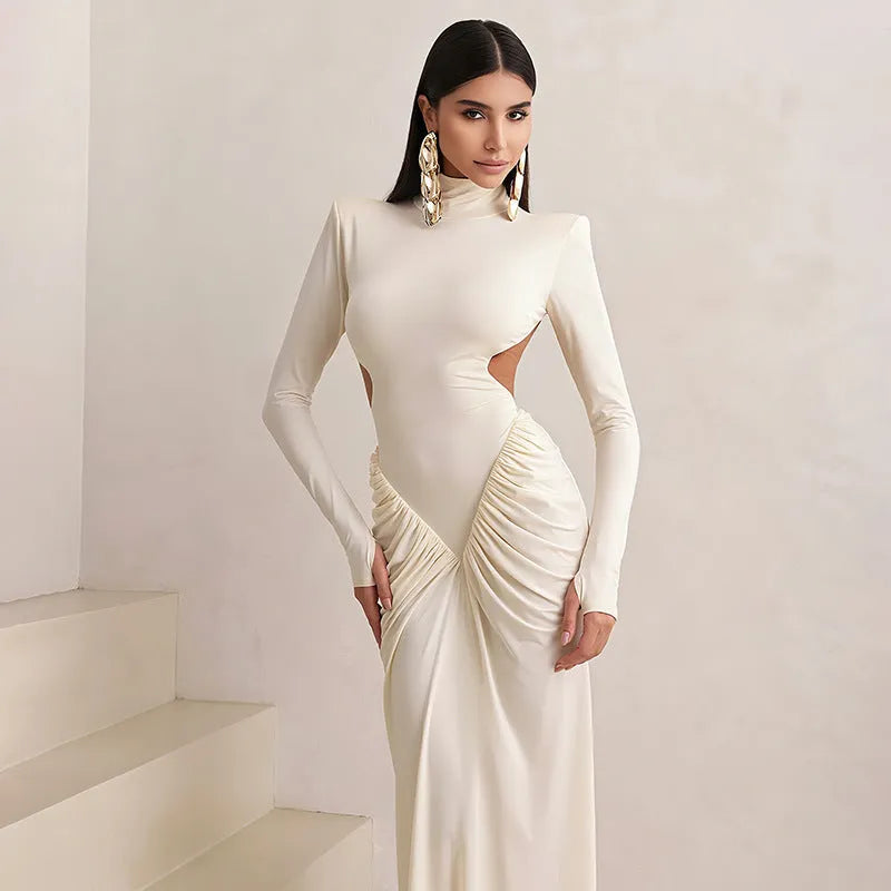 Women's slim fit long sleeve dress with high collar and pleated backless detail in solid colour