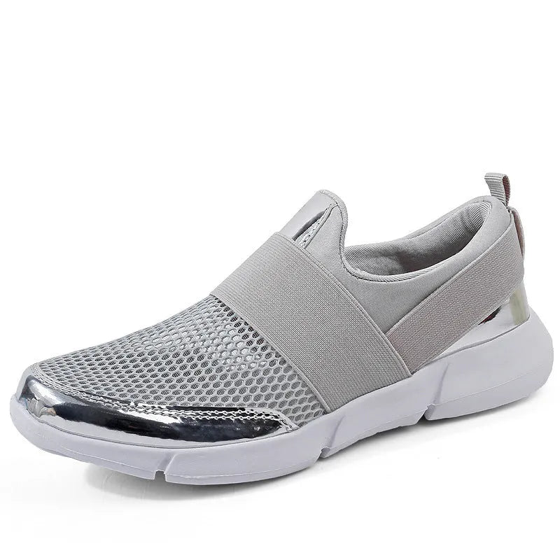 Breathable mesh women's casual sneakers in blue, black or grey with low-top design.