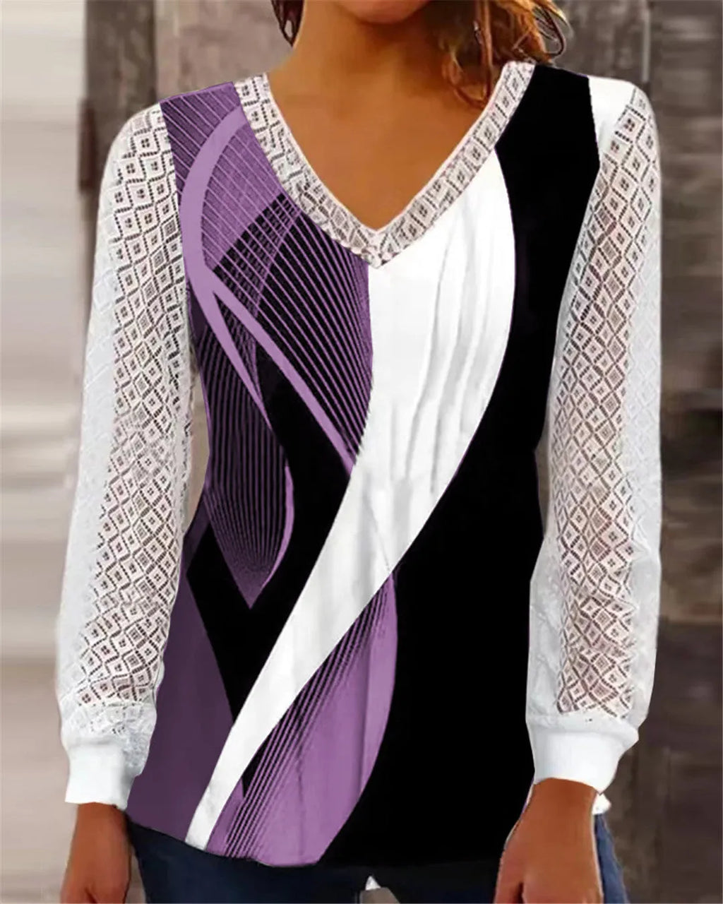 Women's V-neck loose lace top with hollow-out detailing in purple, wine red, gray or blue