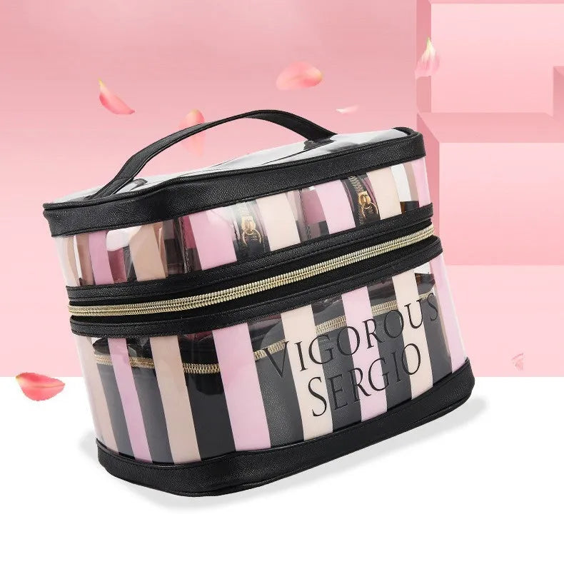 Pink striped floral pattern waterproof synthetic leather makeup bag with nylon lining.