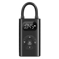 Black cuboid USB power bank tyre inflator with attached air tube for cars and motorcycles.