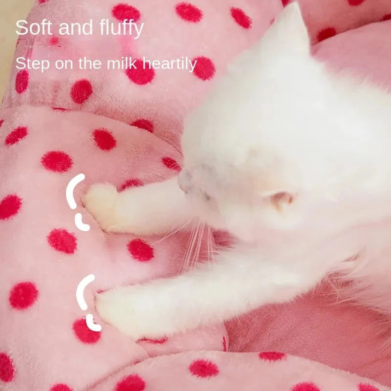 Pink dot fabric cat bed with fully cushioned design in 45cm and 65cm diameter sizes