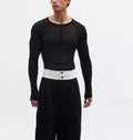 Black slim-fit long sleeve pullover made from ultra-thin see-through PU mesh fabric on a hanger.