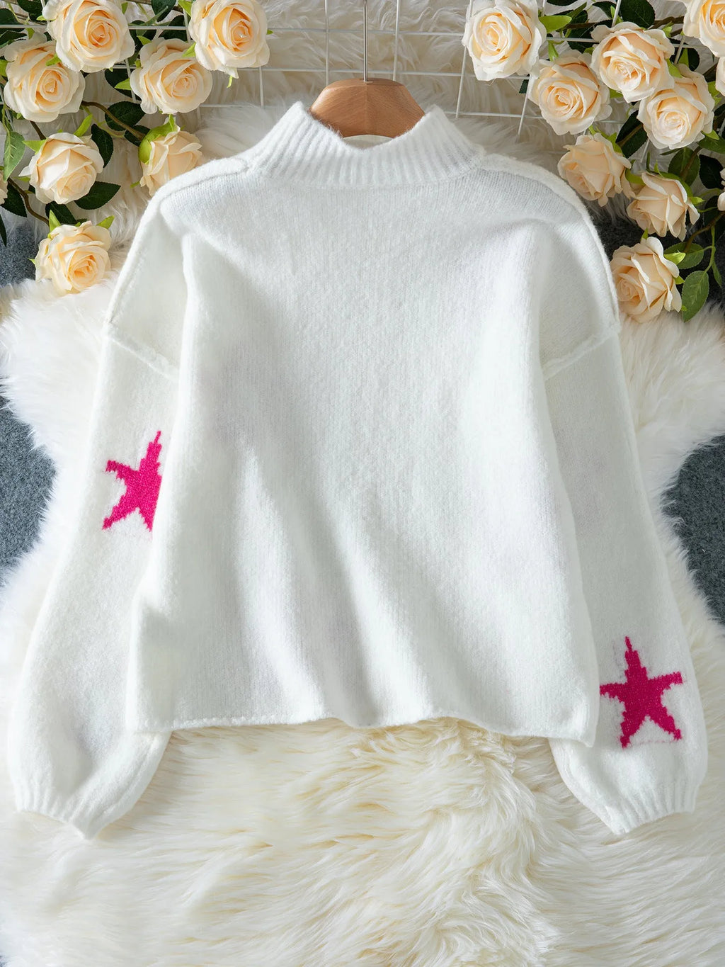 White women's turtleneck pullover with five-pointed star pattern and velvet-like fabric