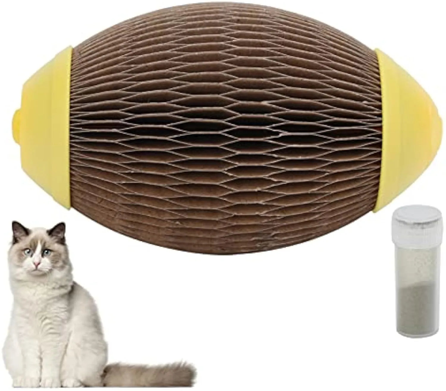 Elliptical corrugated paper catnip football toy with removable cover for catnip insertion