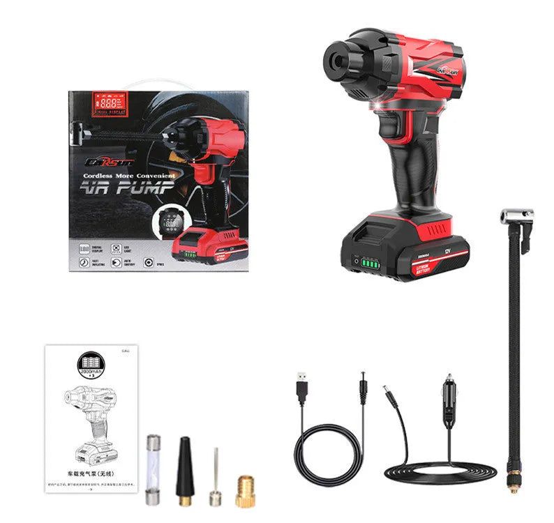 Red and black portable car tyre inflator with wireless charging and 12V cigarette lighter connection