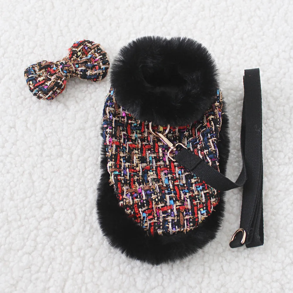 Classic pet dog cloak attached to chest strap harness with separate hand-holding leash in cloth material