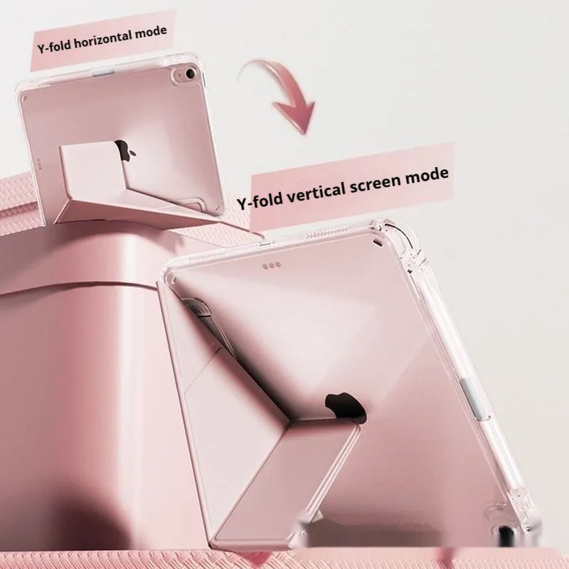Transparent acrylic iPad protective cover showing integrated bracket and magnetic closure for multiple tablet models