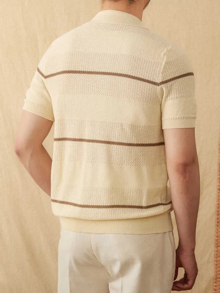 Casual lapel cardigan in thin cotton linen fabric with short sleeves in camel colour
