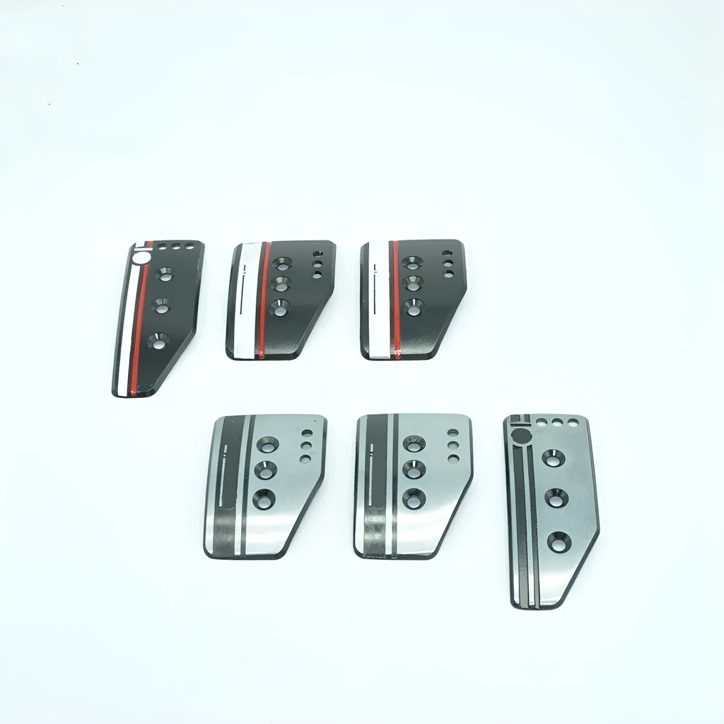 Aluminium alloy manual transmission car pedal set showing brake, accelerator, and clutch pedals with installation hardware