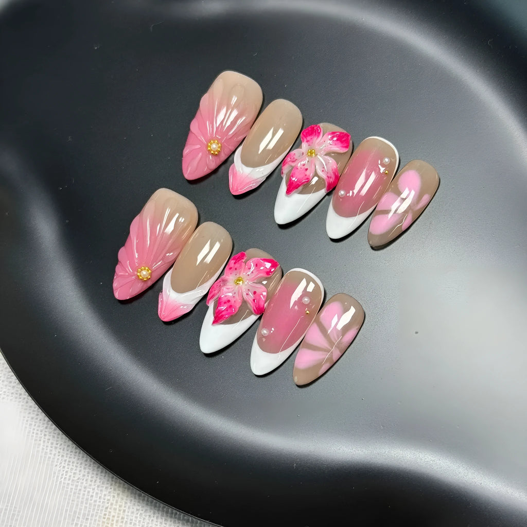 French style 3D lily fluid ice flower nail art stickers on almond-shaped plastic armour in four sizes