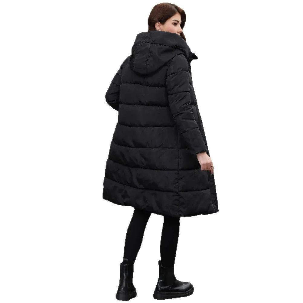 Black hooded slim fit jacket with long sleeves and cold-resistant thickened design