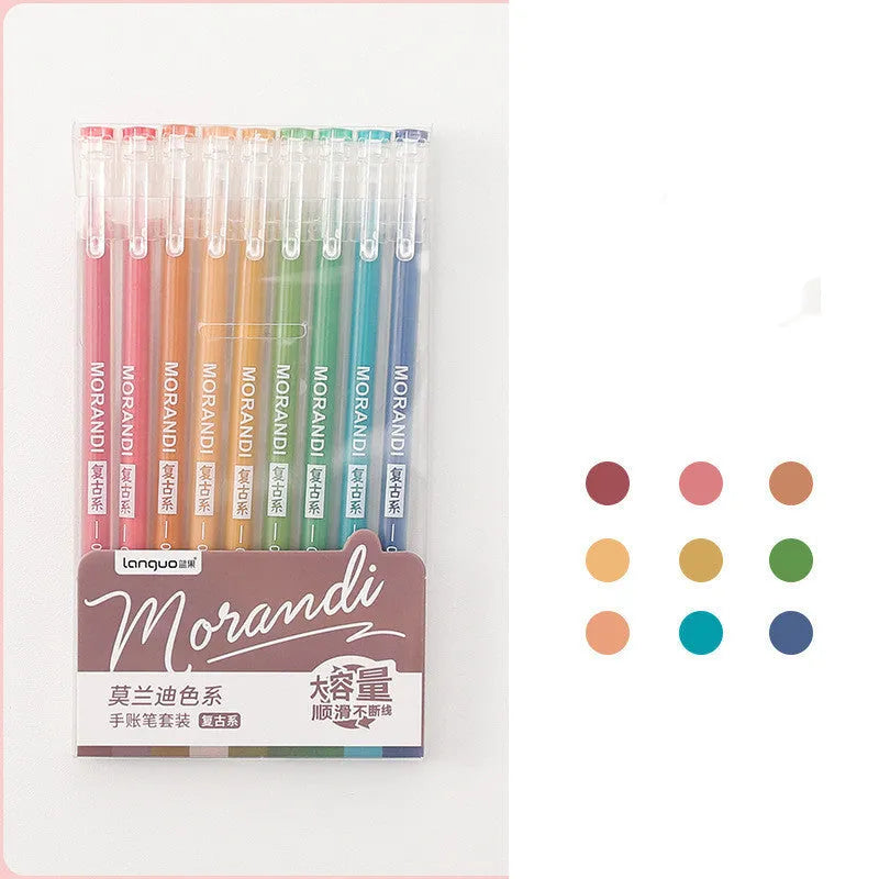 Set of nine solid colour gel pens with 0.5mm needle tips in retro Japanese-style packaging