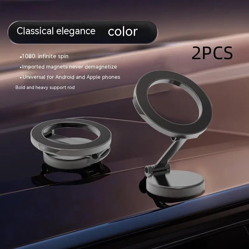 Black all-metal foldable magnetic car phone mount attached to a car dashboard.