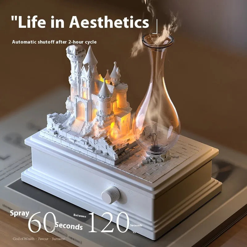 White medieval castle shaped aromatherapy machine with ambient lighting on a table.