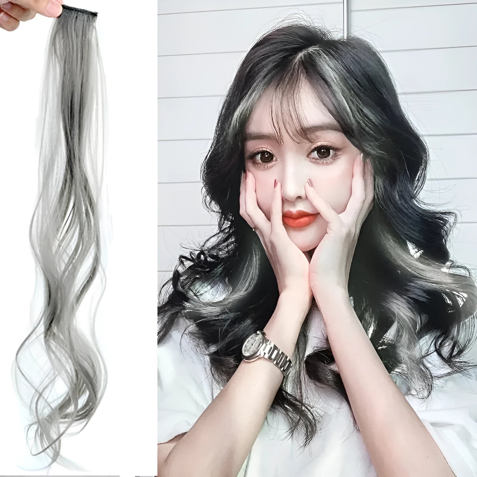 Long curly gradient hair wig patch in mixed silk material, showing 60cm length and colour options.