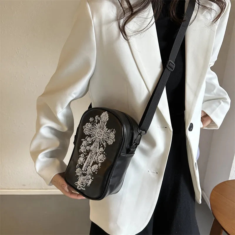 Halloween graffiti crossbody bag with pumpkin ghost bat print on black PU leather