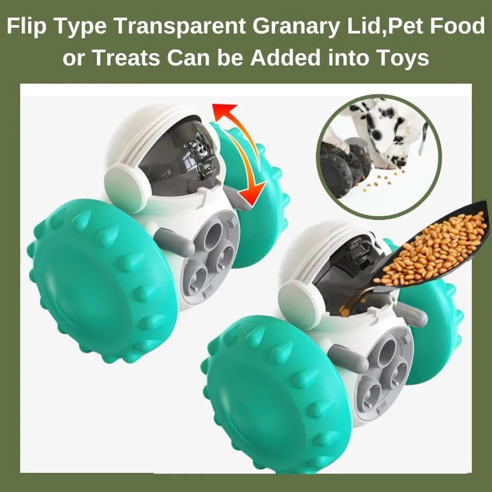 Robot-shaped interactive treat dispenser toy for small dogs and cats with self-balancing tumbler design