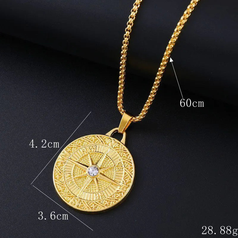 Gold tone geometric pendant necklace with zircon stone inlay and diamond cut finish