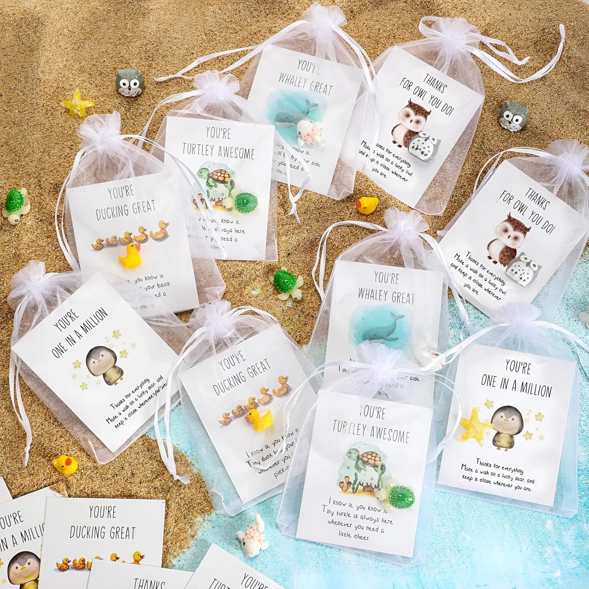 Resin greeting cards with pun designs and inspirational quotes in pocket-sized format