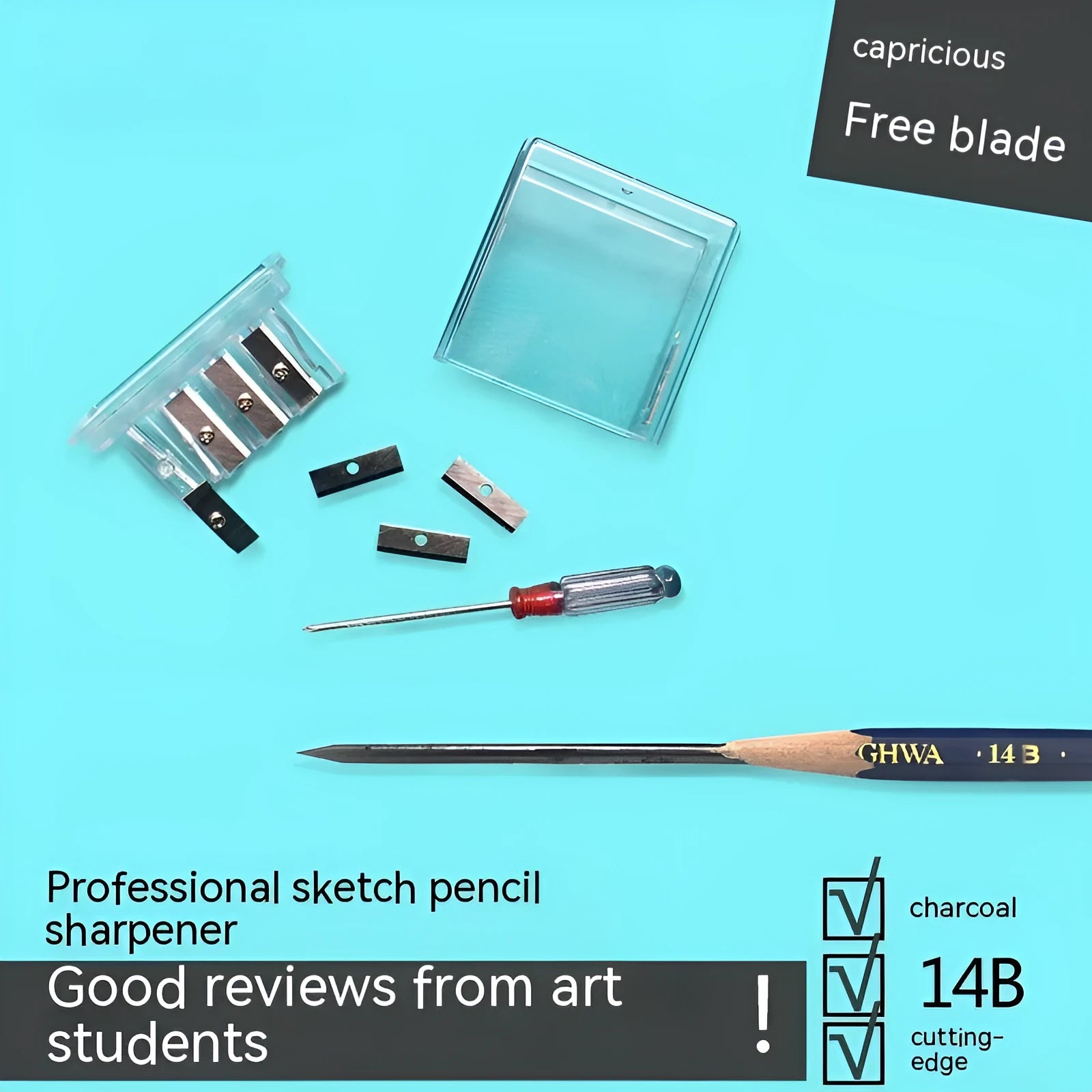 Geometric plastic pencil sharpener with four holes and screwdriver tool