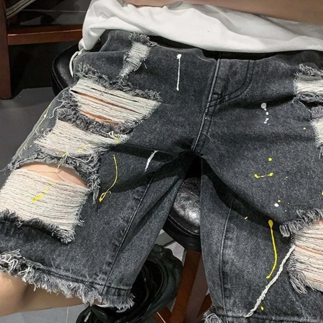 Men's water washed hole denim shorts in loose street style with cotton blend fabric