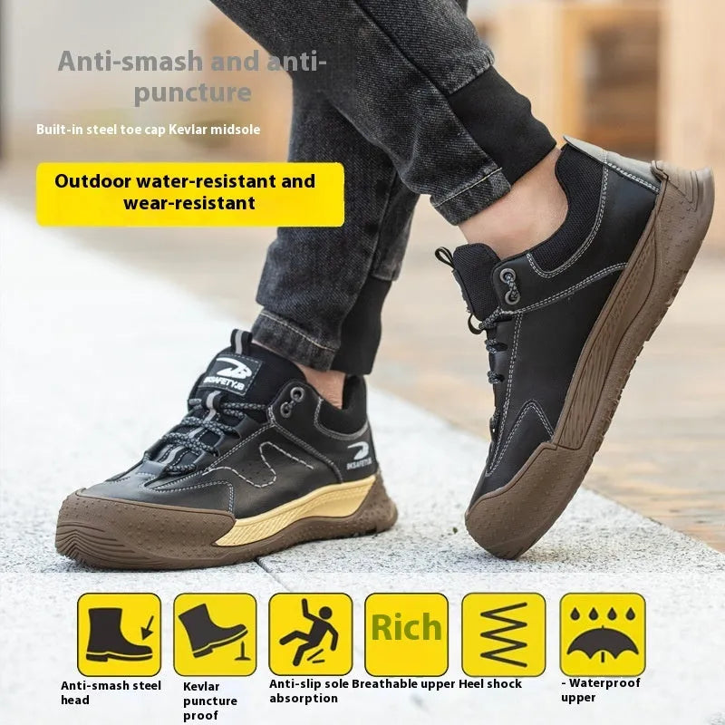 Flyknit leather work shoes with a rubber sole, shown in a choice of black, khaki, grey, or brown.