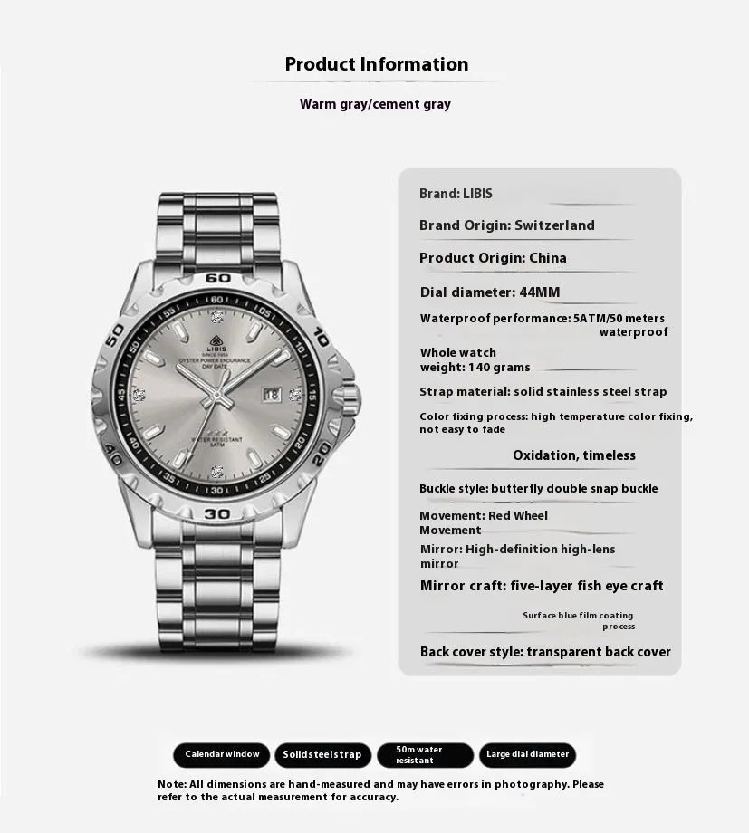 Men's silver quartz watch with luminous hands and stainless steel strap on grey dial