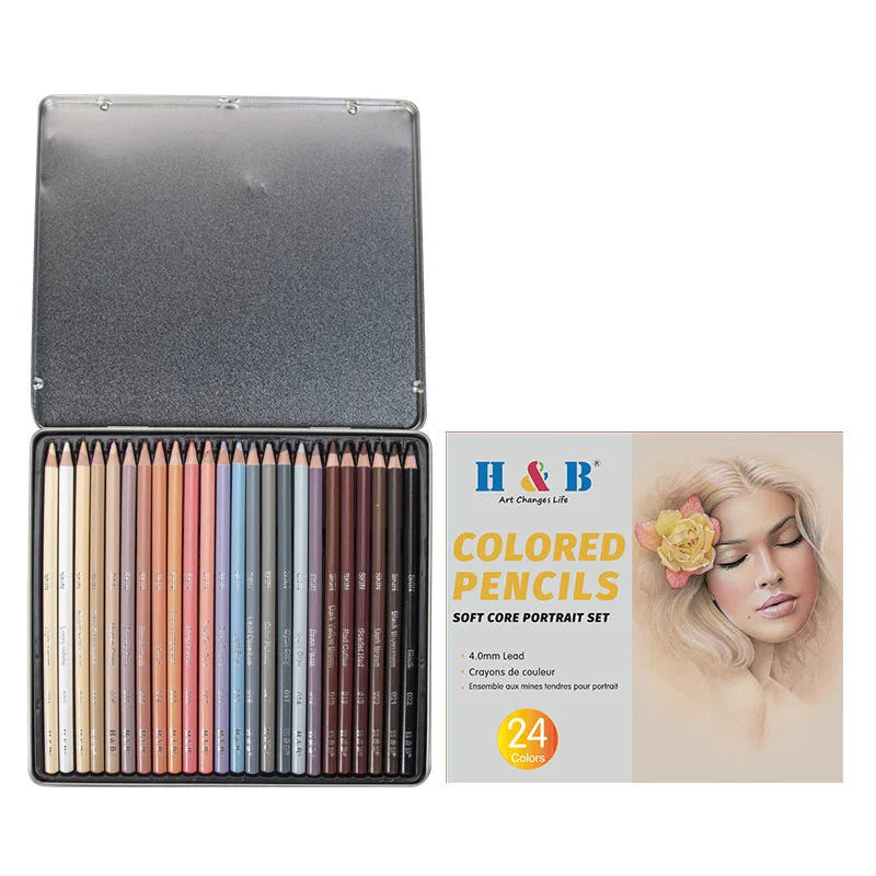 24-colour skin tone portrait pencils in round iron box packaging for artistic portrait work