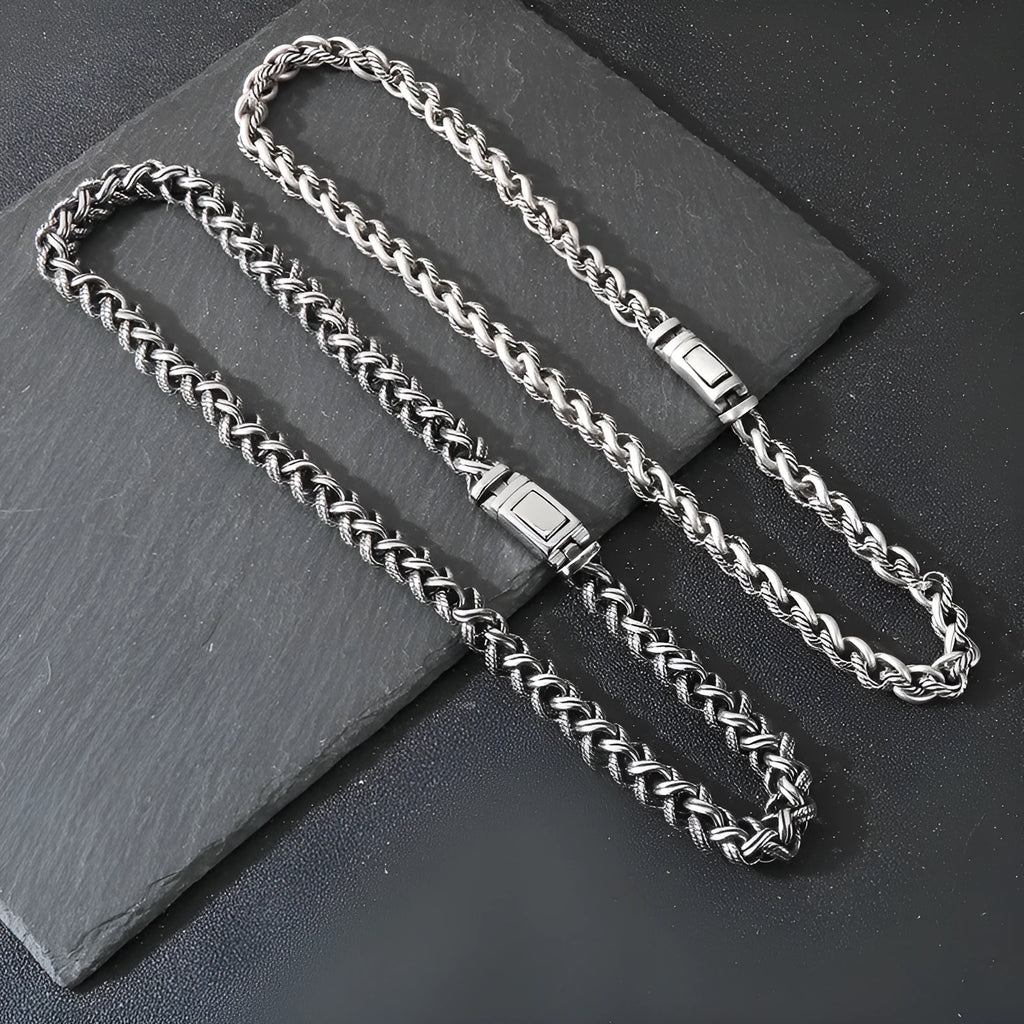 Men's titanium steel keel chain necklace in antique silver with geometric design and adjustable length