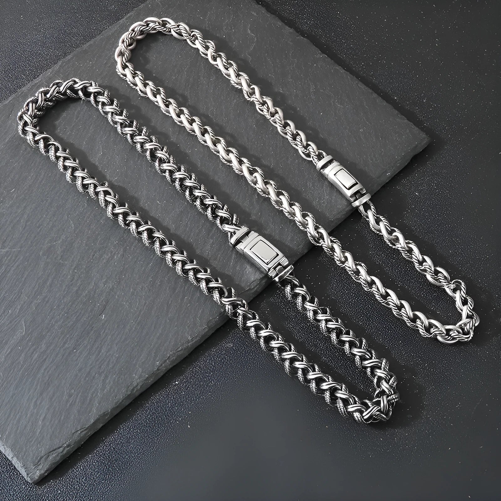 Men's titanium steel keel chain necklace in antique silver with geometric design and adjustable length