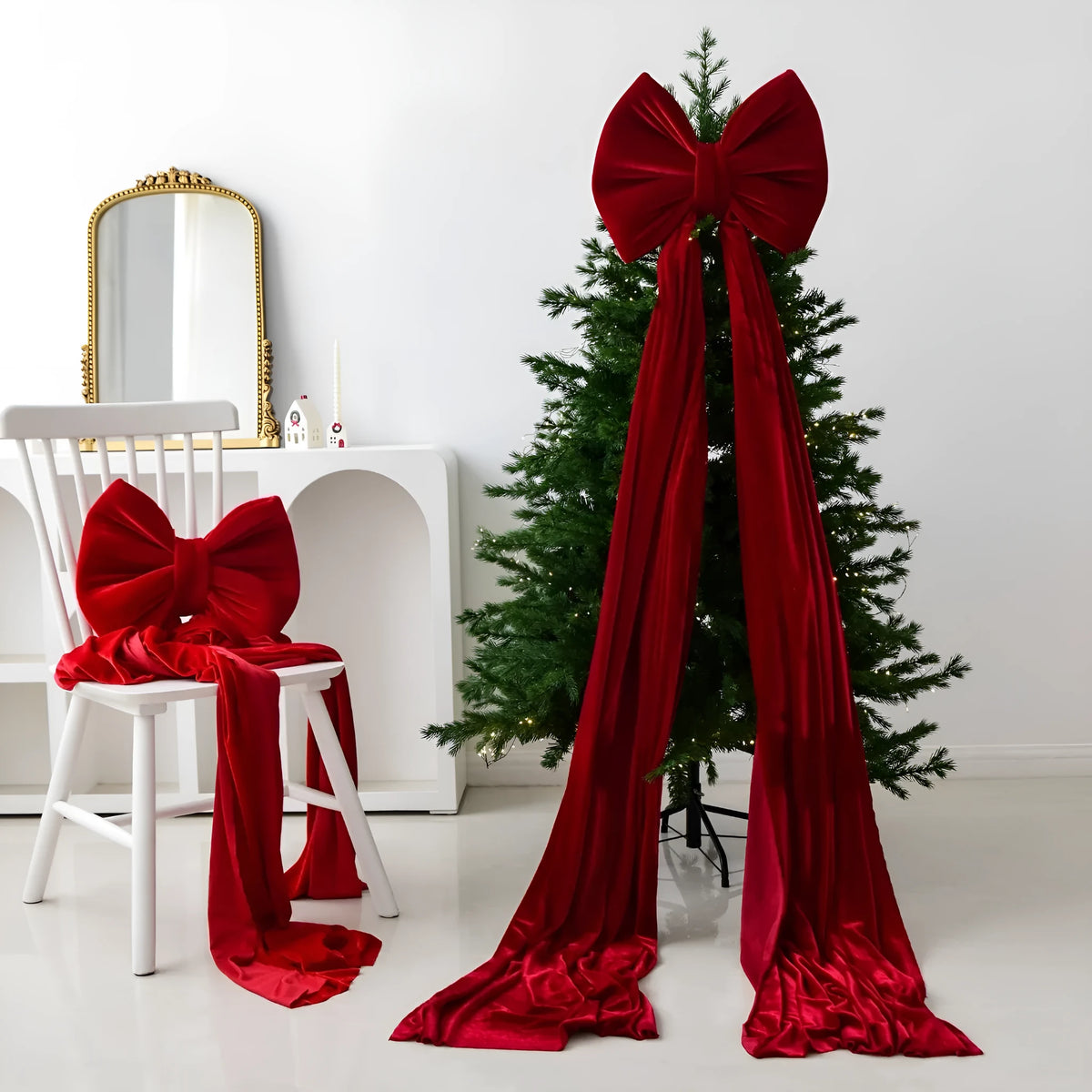 Large flannel Christmas bow decoration in green, red, white or wine red, available from 80cm to 280cm for festive displays.