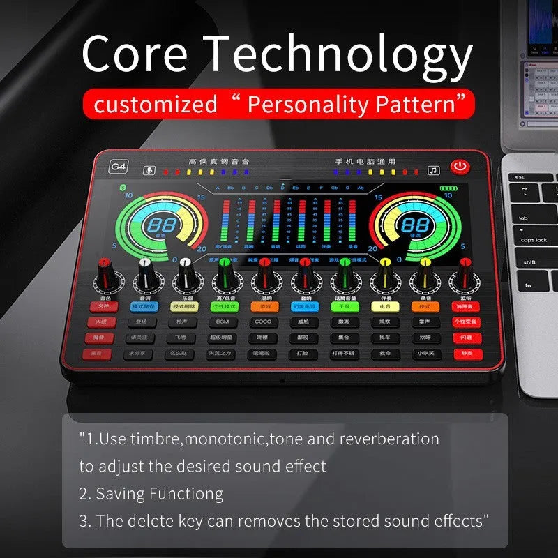 G4 professional USB sound card with LCD display, microphone, remote control and audio cables on a desk
