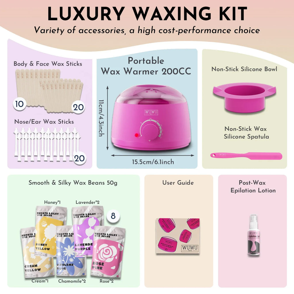 WUWUVISTA 63-piece waxing kit with black wax warmer, hard wax beans, applicator sticks, and silicone tools